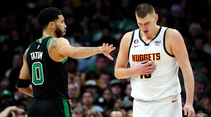 Jayson Tatum of the Celtics and Nikola Jokic of the Nuggets